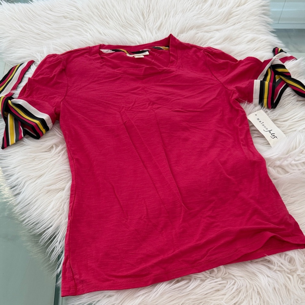 Maison Jules Red Tee with Striped Sleeves